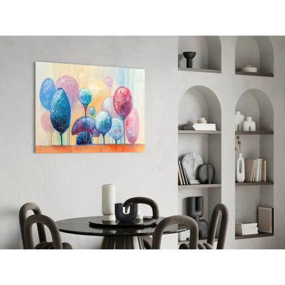Vibrant abstract tree glass wall art with colorful balloons in blue, pink on orange
