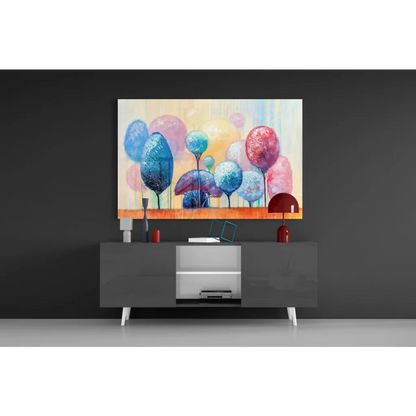 Vibrant abstract tree glass wall art with Samsung QLED TV frame