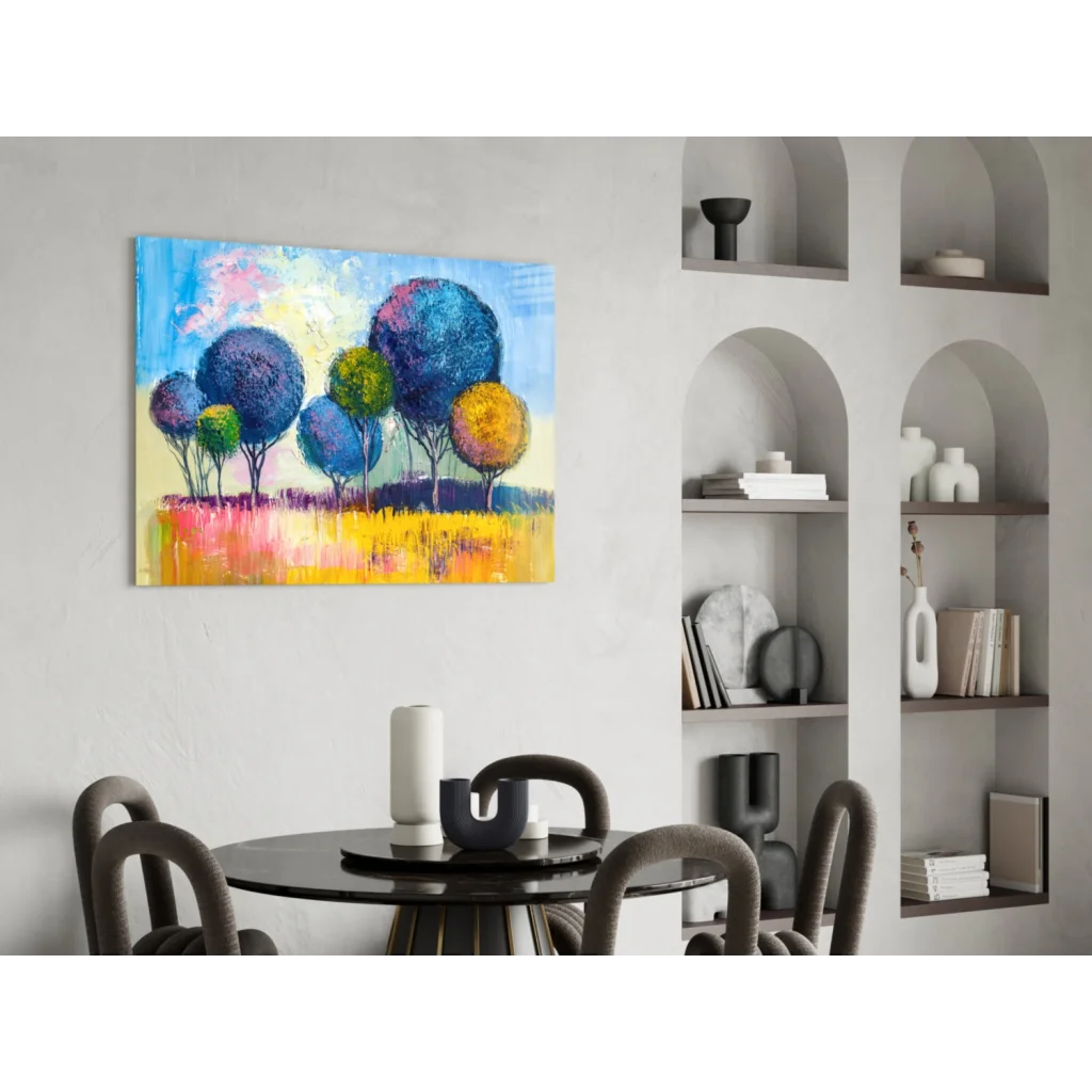Vibrant multi-colored abstract tree canvas wall art in bold colors
