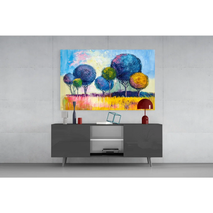 Modern gray sideboard with silver accents and glass wall art doors