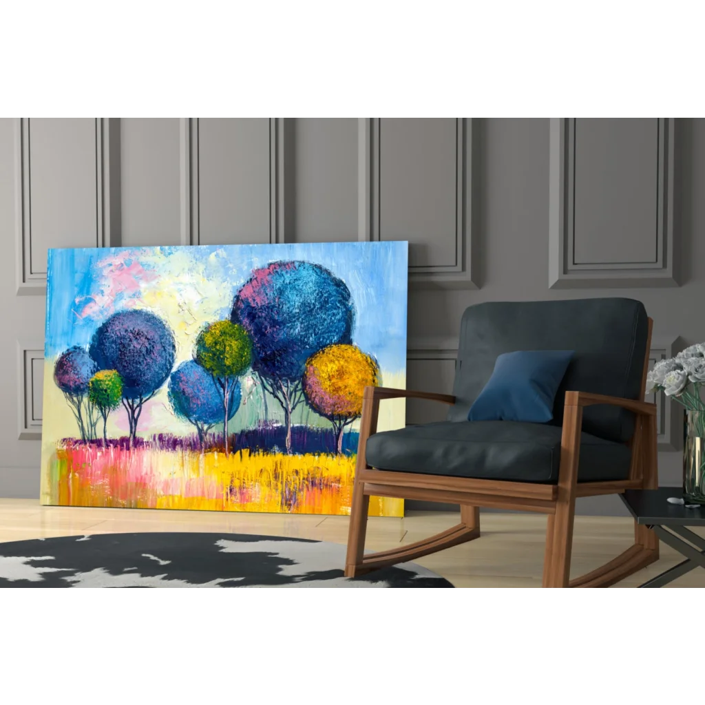 Vibrant abstract trees canvas wall art in bold colors on blue background