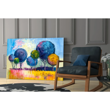 Vibrant abstract trees canvas wall art in bold colors on blue background