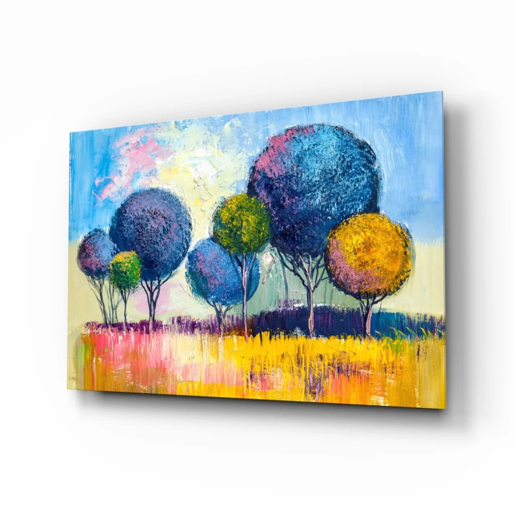 Vibrant abstract trees canvas wall art in bold colors on blue sky