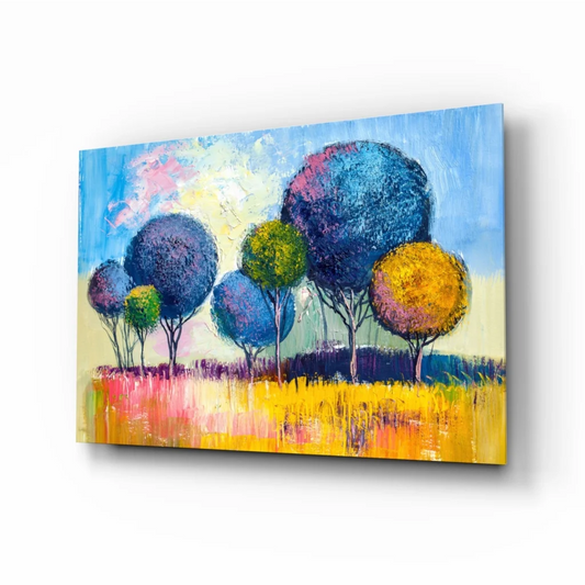 Vibrant abstract trees canvas wall art in bold colors on blue sky