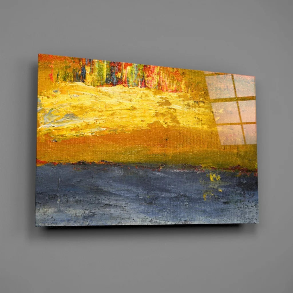 Vibrant abstract wall art with bold yellow orange blue strokes