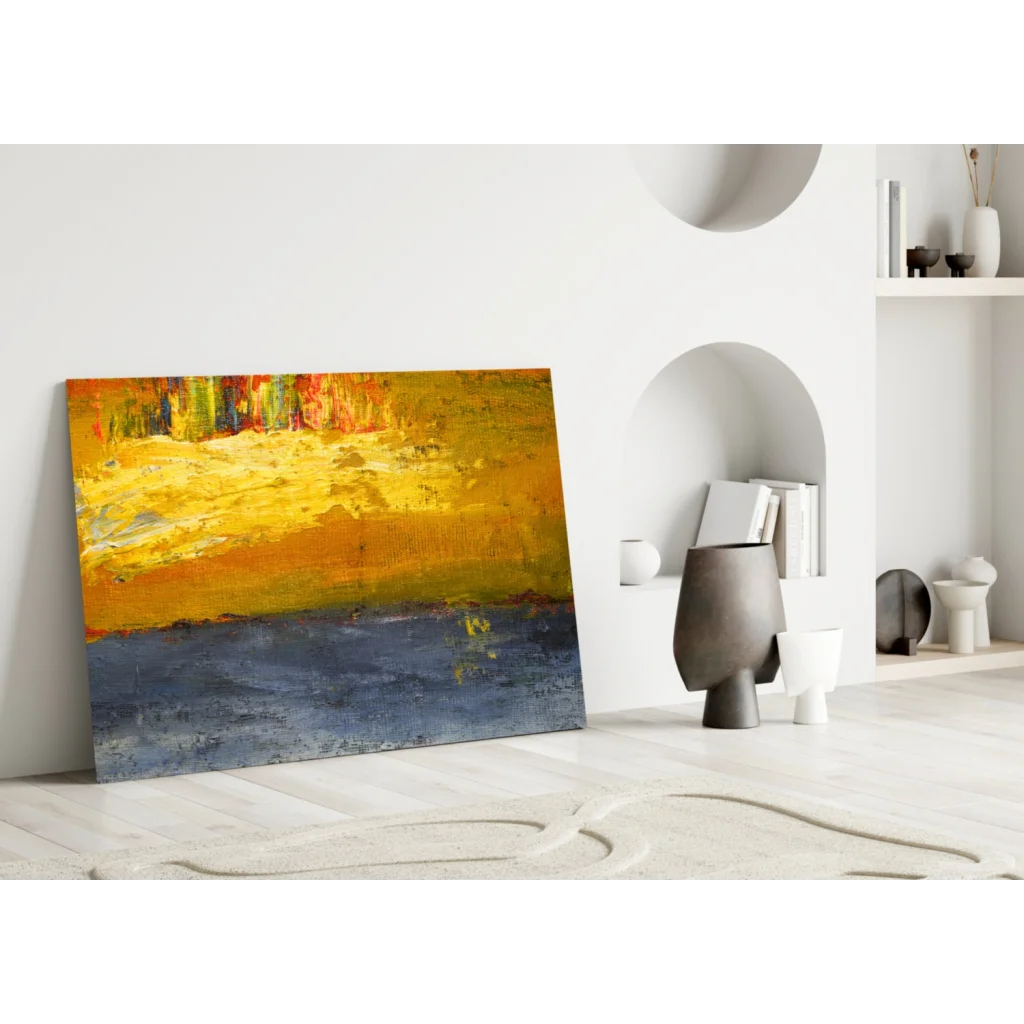 Vibrant abstract wall art canvas with bold yellow orange blue strokes