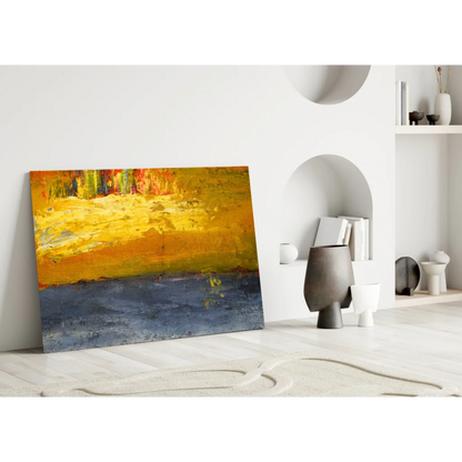 Vibrant abstract wall art canvas with bold yellow orange blue strokes