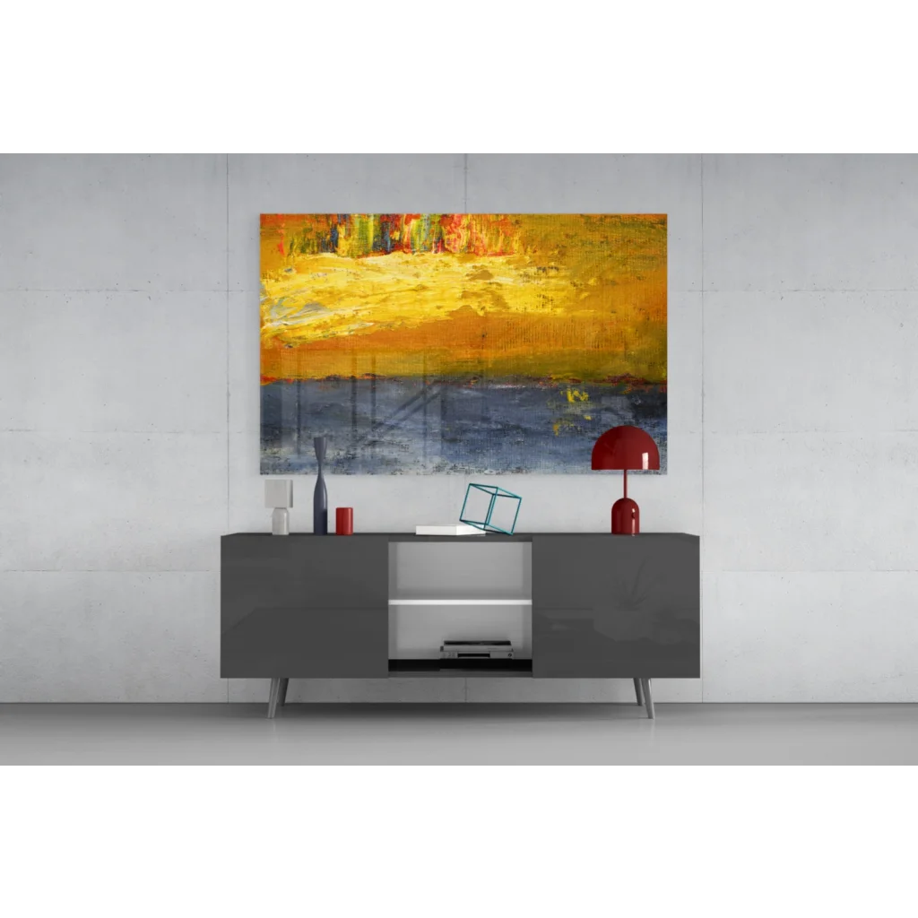 Vibrant abstract wall art with bold yellow orange blue strokes on canvas