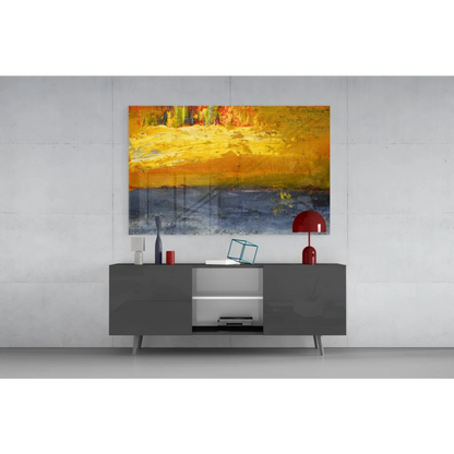 Vibrant abstract wall art with bold yellow orange blue strokes on canvas