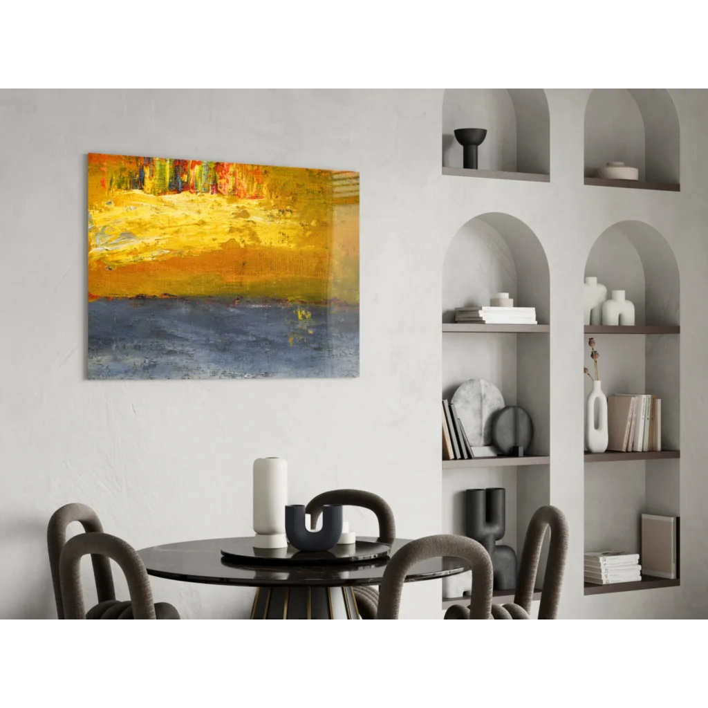 Vibrant abstract wall art with bold yellow orange blue strokes