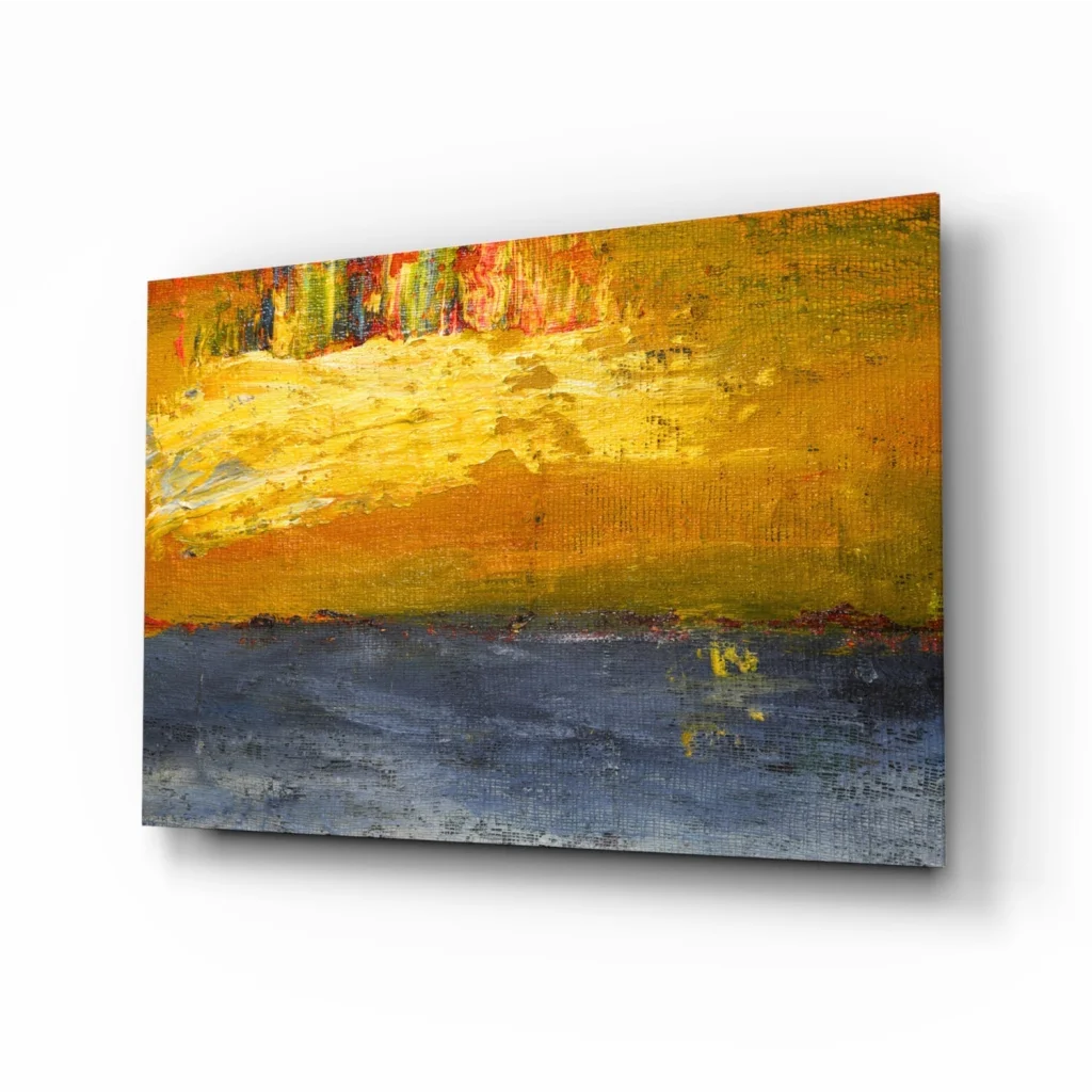 Vibrant abstract wall art with bold yellow, orange, blue strokes