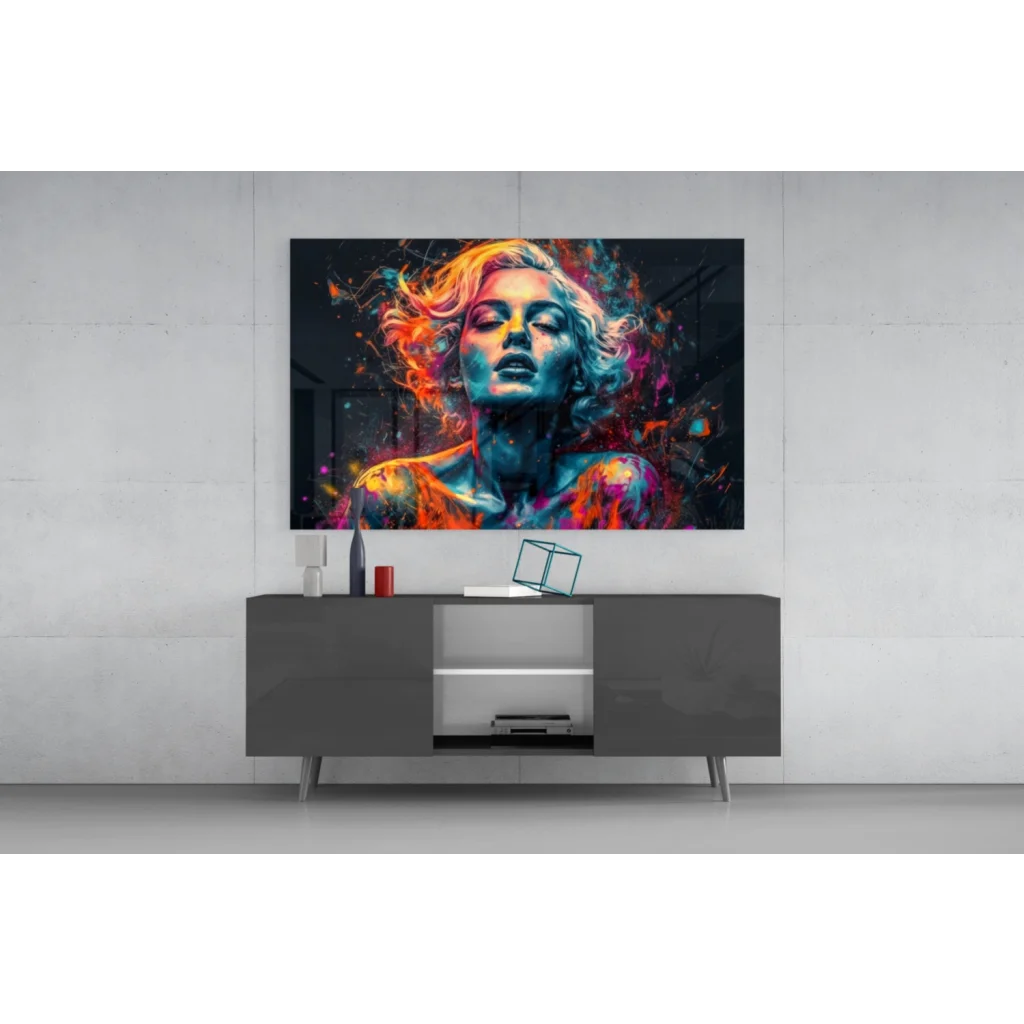 Samsung QLED TV showing vibrant abstract woman wall art with flowing hair