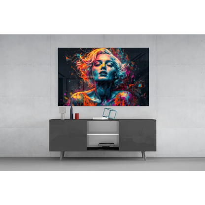 Samsung QLED TV showing vibrant abstract woman wall art with flowing hair