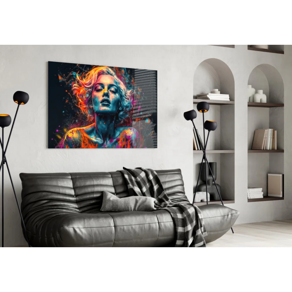 Black leather sofa with plaid throw and vibrant abstract woman wall art above