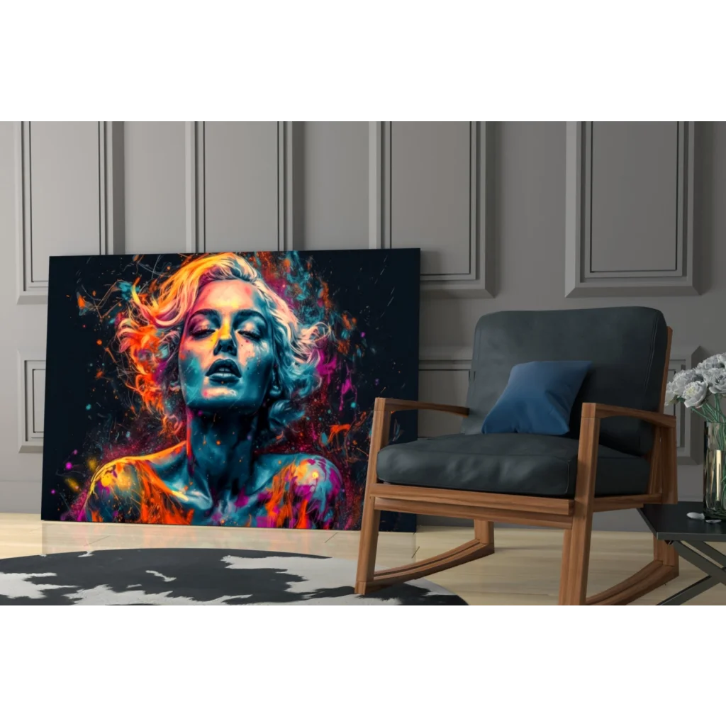 Vibrant abstract Marilyn Monroe canvas wall art with flowing hair design