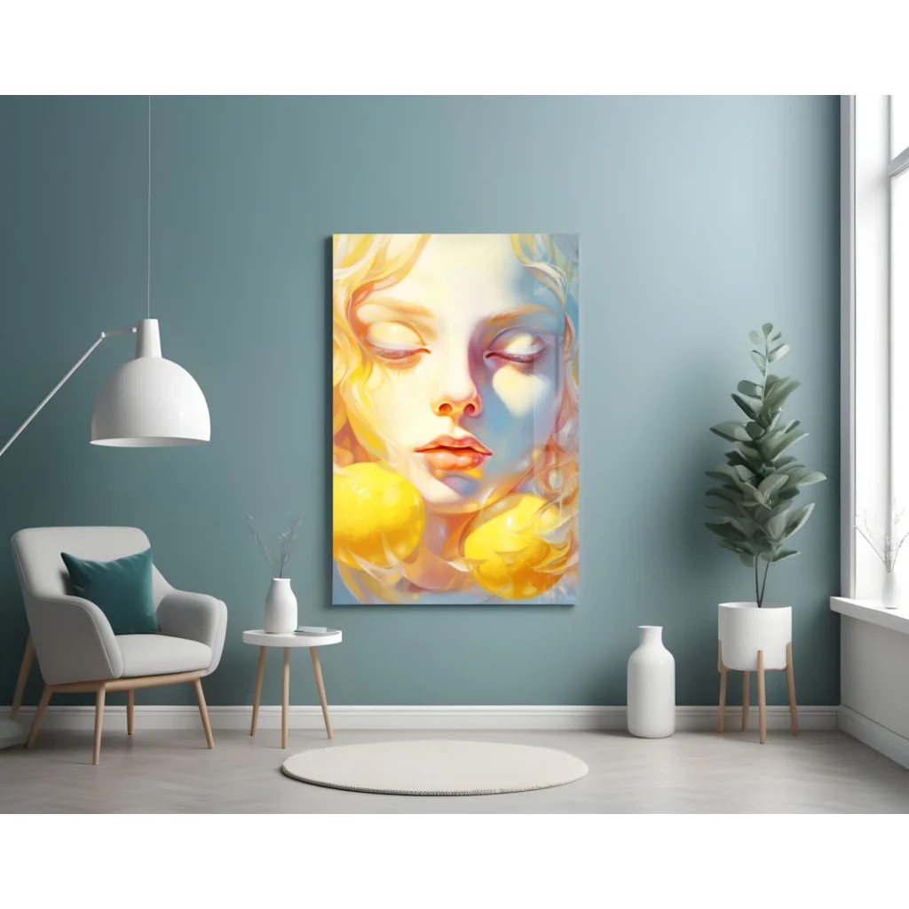 Vibrant yellow white abstract woman canvas wall art with flowing blonde hair on teal wall