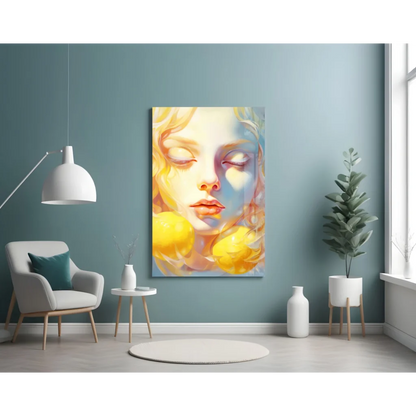 Vibrant yellow white abstract woman canvas wall art with flowing blonde hair on teal wall
