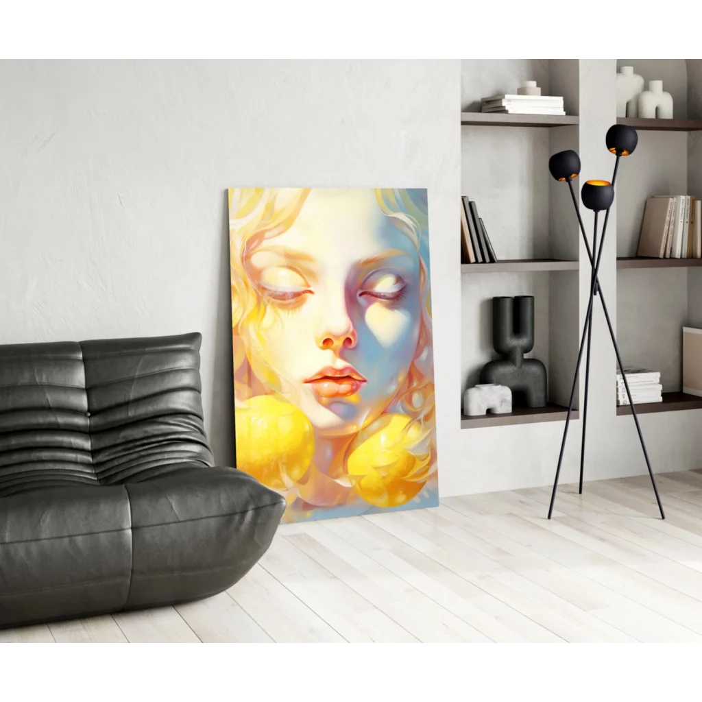 Vibrant abstract woman canvas wall art with flowing hair and yellow flowers