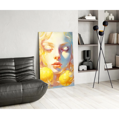 Vibrant abstract woman canvas wall art with flowing hair and yellow flowers