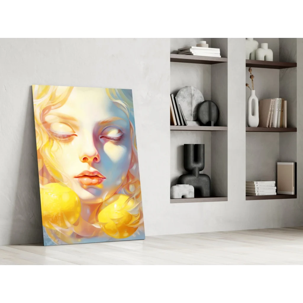Vibrant abstract woman canvas wall art in yellow, blue and pastel tones