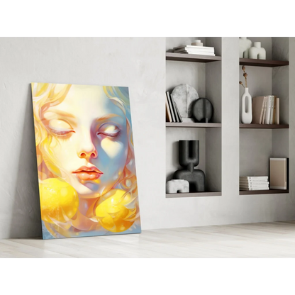 Vibrant abstract woman canvas wall art in yellow, blue and pastel tones