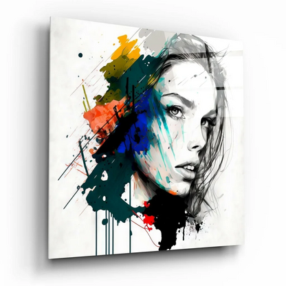 Vibrant abstract woman portrait canvas wall art with colorful splashes