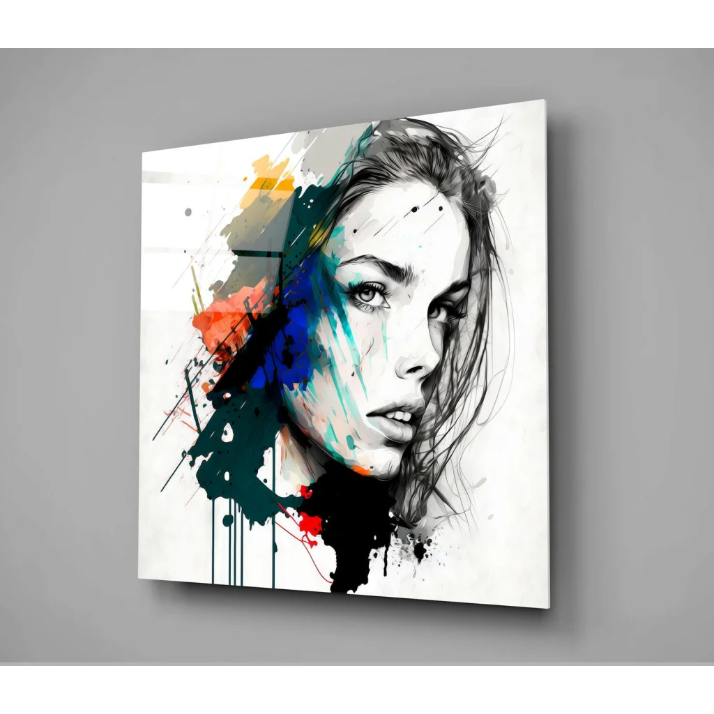 Vibrant abstract woman portrait canvas wall art with colorful splashes
