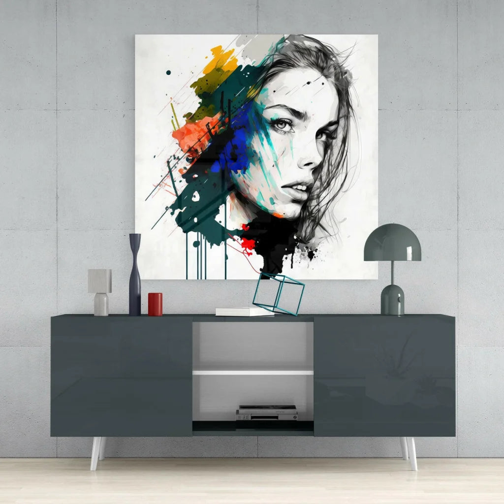 Modern gray sideboard with white legs under vibrant abstract woman wall art