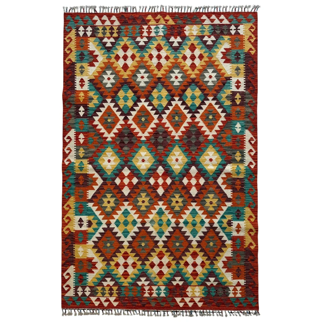 Vibrant Afghani chobi kilim rug with bold geometric diamonds