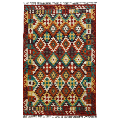 Vibrant Afghani chobi kilim rug with bold geometric diamonds