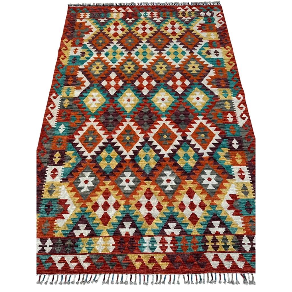 Vibrant Afghani chobi kilim rug with bold geometric diamonds