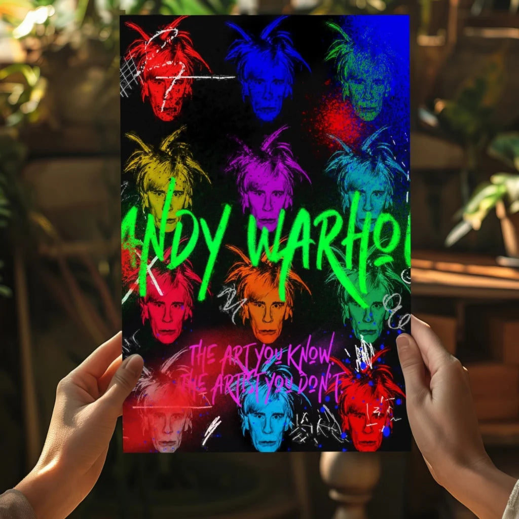 Vibrant Andy Warhol pop art aluminum print set with multicolored portraits on black background