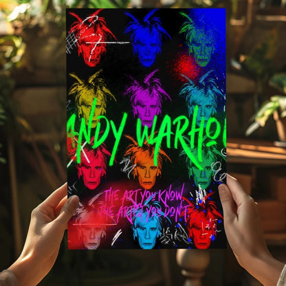 Vibrant Andy Warhol pop art aluminum print set with multicolored portraits on black background