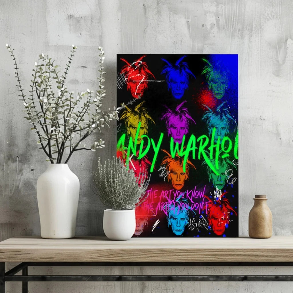 Vibrant Andy Warhol pop art aluminum print set with multicolored face silhouettes