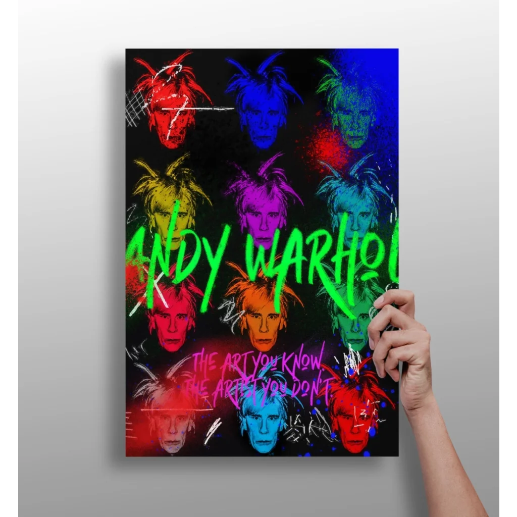 Vibrant Andy Warhol pop art aluminum print with neon colorful faces on black background