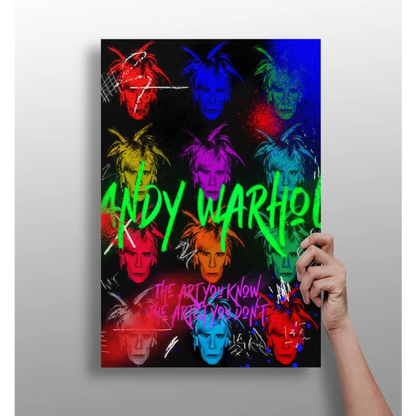 Vibrant Andy Warhol pop art aluminum print with neon colorful faces on black background