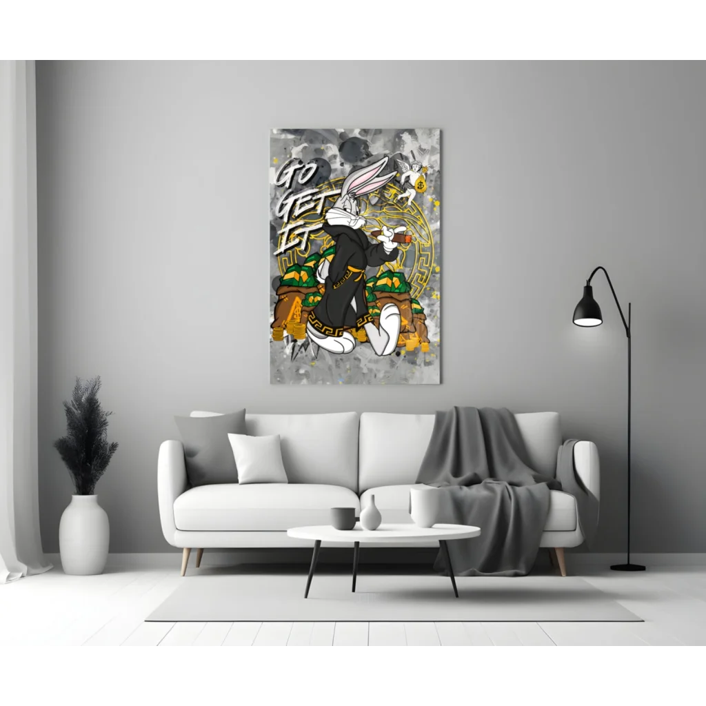 Vibrant 1980s anime rabbit glass wall art print with dynamic action scene