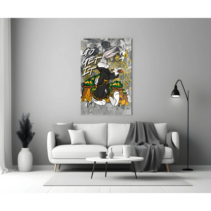 Vibrant 1980s anime rabbit glass wall art print with dynamic action scene