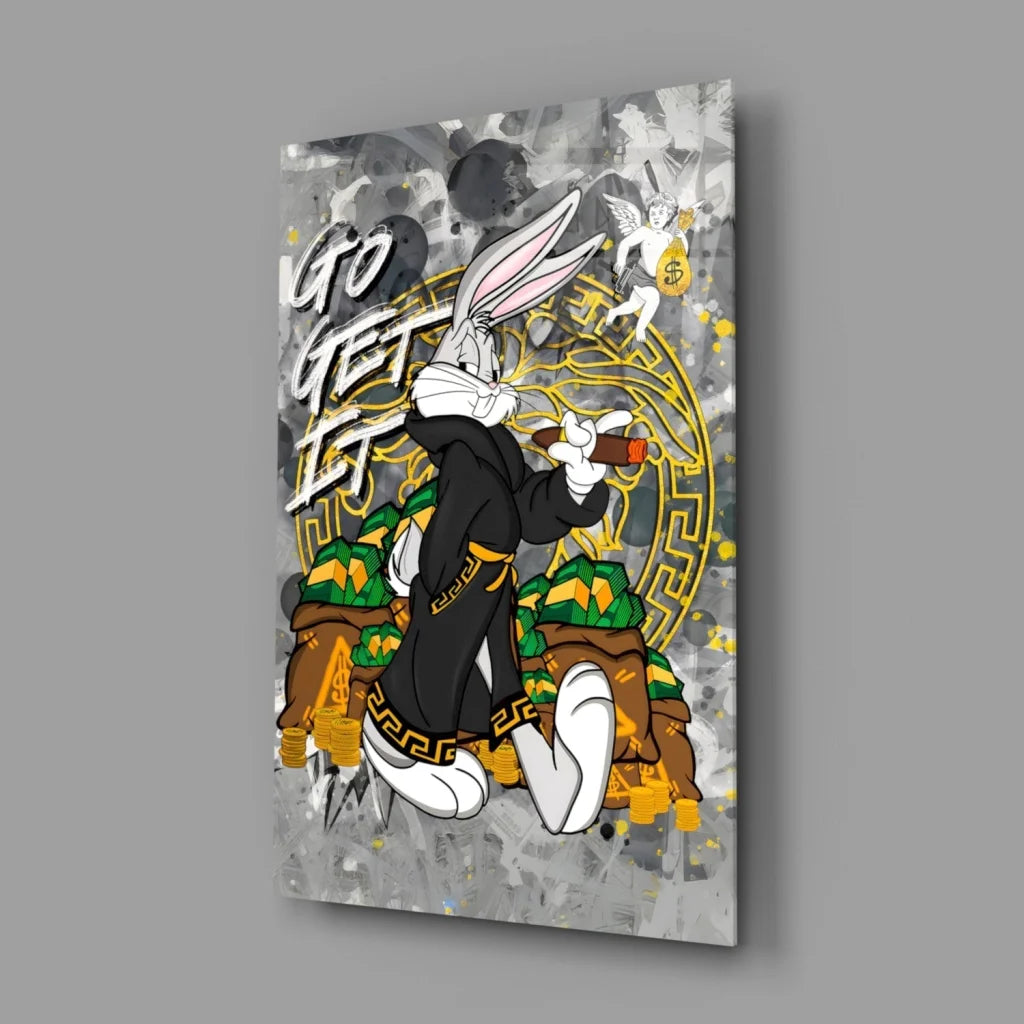 Vibrant anime rabbit wall art print with Versace logo design