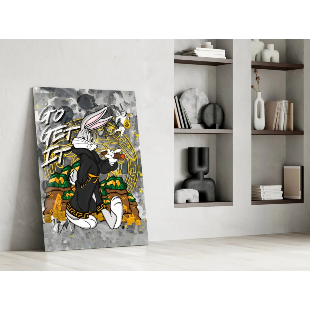 Black and gold Bugs Bunny glass wall art with metallic chain design