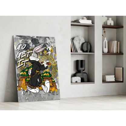 Black and gold Bugs Bunny glass wall art with metallic chain design