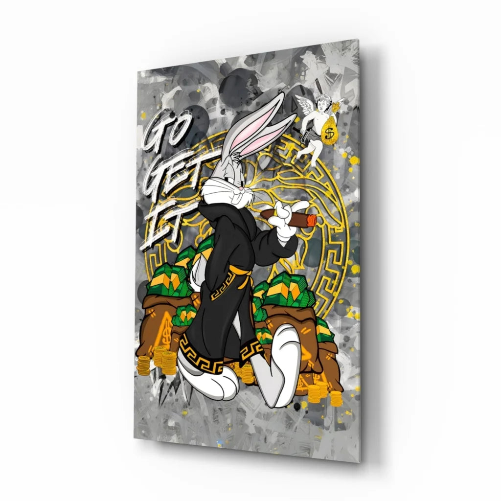 Vibrant black and white anime rabbit wall art print with Versace logo design
