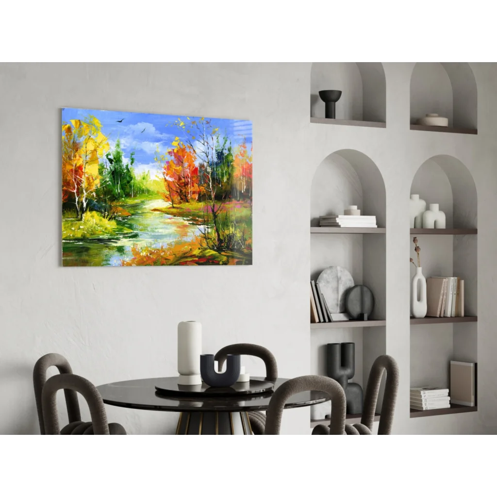 Vibrant autumn river canvas wall art with colorful fall foliage