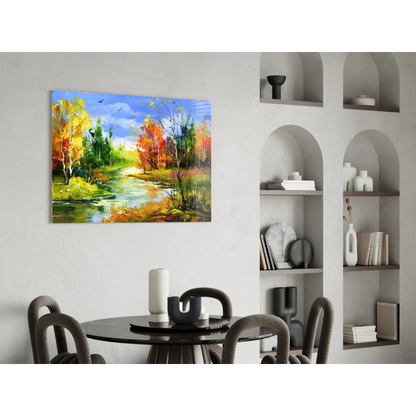 Vibrant autumn river canvas wall art with colorful fall foliage