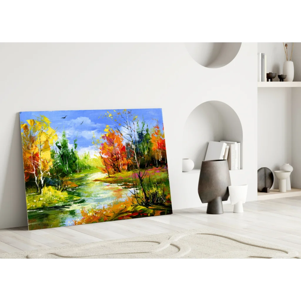 Vibrant autumn river canvas wall art with fall foliage on white wall