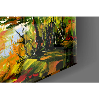 Vibrant autumn river canvas wall art with green orange fall foliage