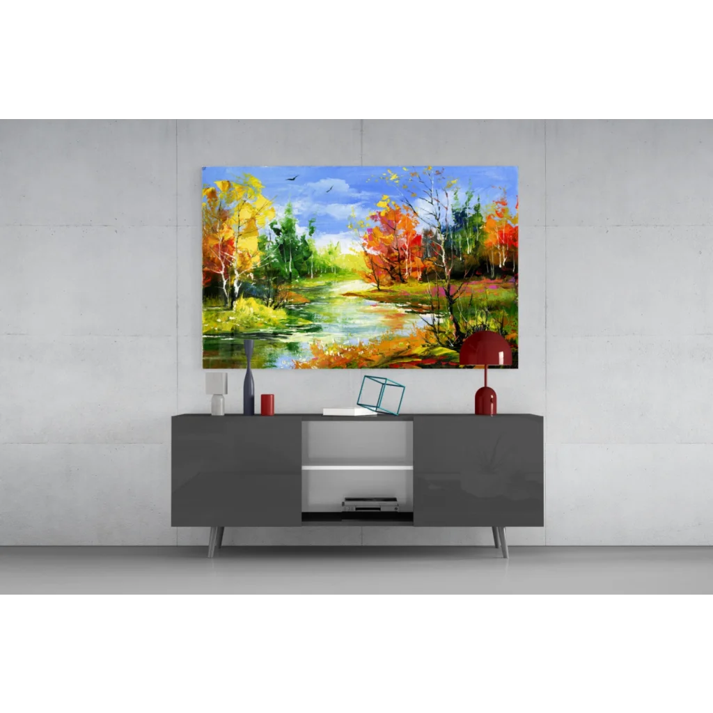 Modern gray sideboard with glossy silver legs under Vibrant Autumn River wall art