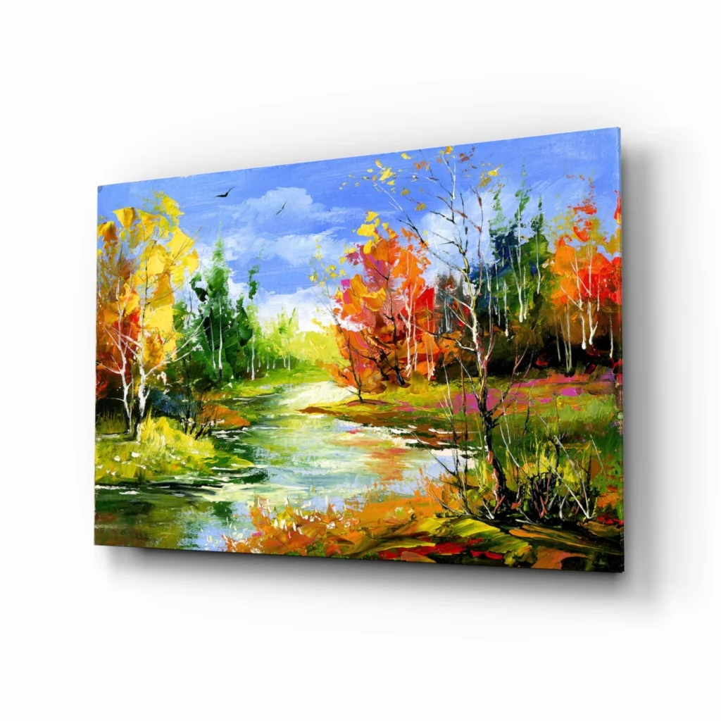 Vibrant autumn river canvas wall art with fall foliage