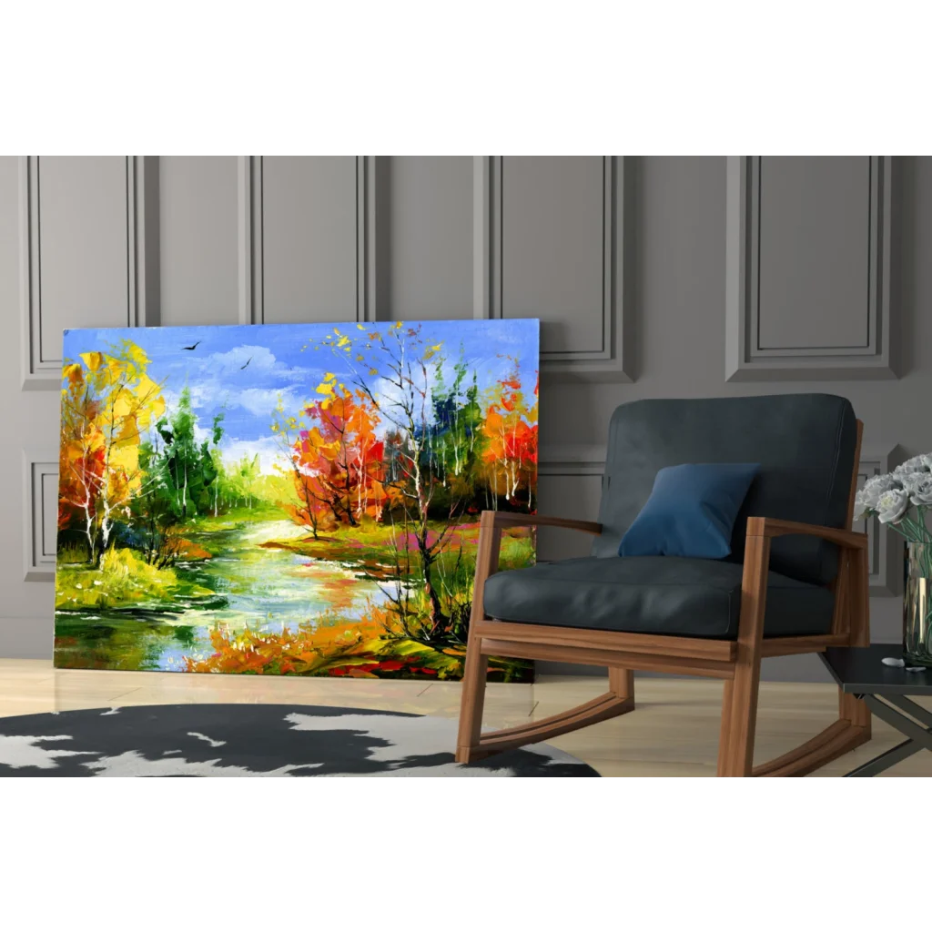 Vibrant autumn river wall art canvas print with fall foliage