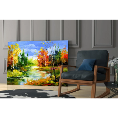 Vibrant autumn river wall art canvas print with fall foliage
